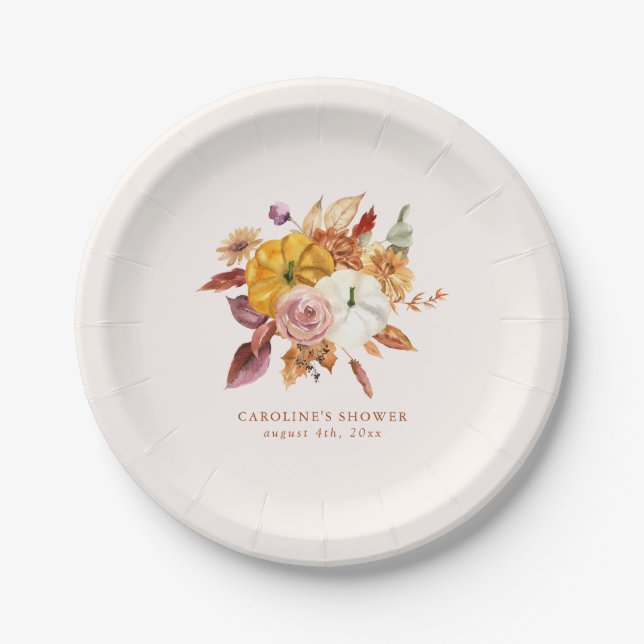 Fall Floral & Pumpkins Baby Shower Paper Plate (Front)