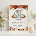 Fall Floral Pumpkins Cute Elephant Baby Shower   Poster<br><div class="desc">Chic Autumn / Fall Floral Elephant Girl Baby Shower welcome sign, featuring a cute baby elephant and watercolor orange and burgundy floral adorned pumpkins. Personalize this gorgeous sign with your party details easily and quickly, simply press the customise it button to further re-arrange and format the style and placement of...</div>