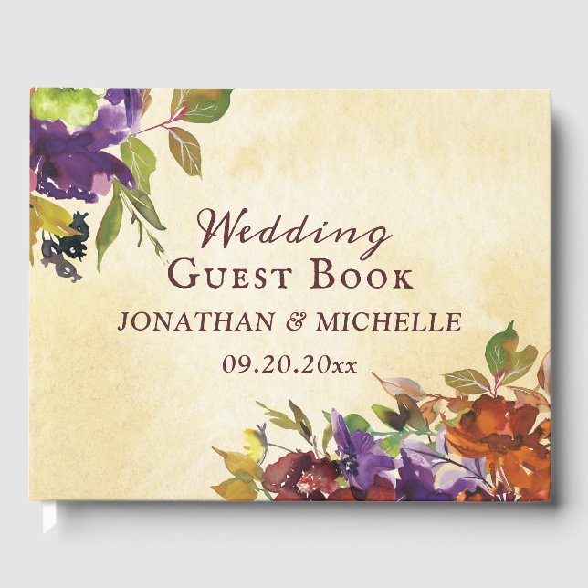 Fall Floral Purple Burnt Orange Yellow Wedding Guest Book (Front)