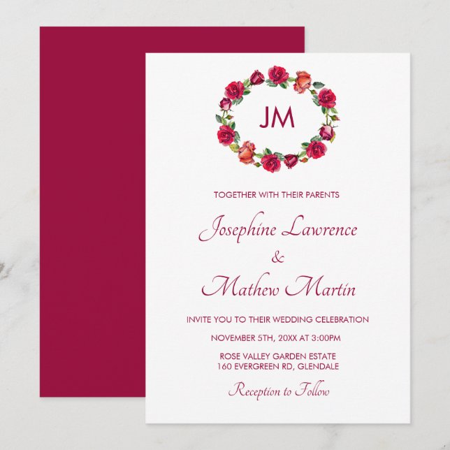 Fall Floral Roses Wreath Monogram Wedding Invitation (Front/Back)