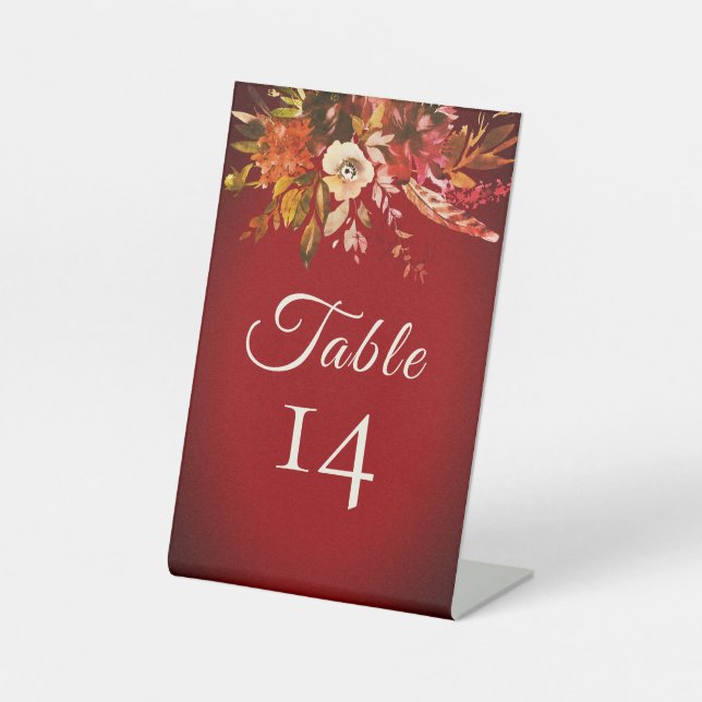 Fall Floral Rustic Red Wedding Table Number Pedestal Sign (Front)