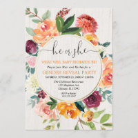 Fall floral rustic wreath gender reveal invitation