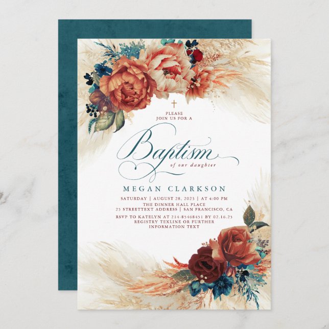 Fall Floral Teal Blue and Terracotta Fall Baptism Invitation (Front/Back)