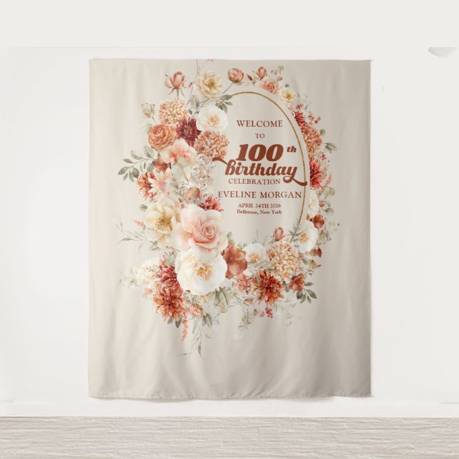 Fall floral terracotta blush groovy 100th birthday tapestry (Front)