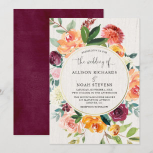 Fall floral watercolor burgundy rustic wedding invitation