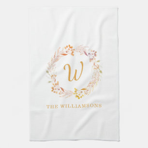 Fall Floral Watercolor Rustic Personalized Name  Kitchen Towel