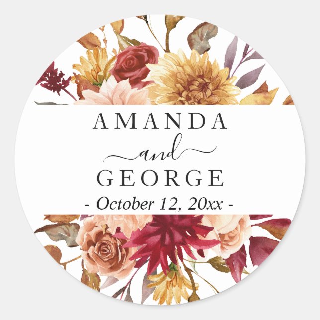 Fall floral Wedding Classic Round Sticker (Front)