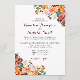 Fall Floral Wedding Invitation Card, Orange Maroon