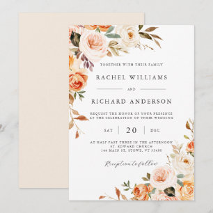 Fall Floral Wedding Invitation Peach Orange Modern