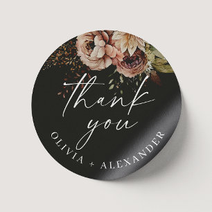 Fall Floral Wedding Thank You   Black Boho Autumn Classic Round Sticker