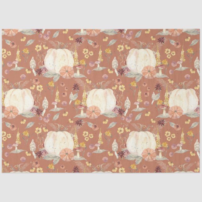 Fall Floral White Pumpkin Mushroom Rust Decoupage Tissue Paper (Front)