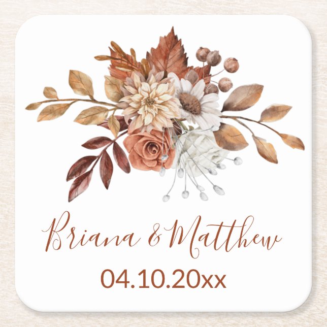 Fall Floral White Square Paper Coaster (Front)