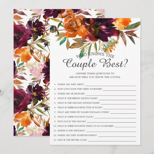 Fall Floral Who Knows the Couple Best Bridal Game Invitation (Front/Back)