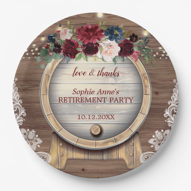 Fall Floral Wine Barrel Vineyard Retirement Party Paper Plate (Front)