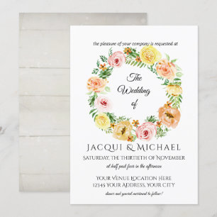 Fall Floral Yellow n Peach Roses w Foliage Wreath Invitation