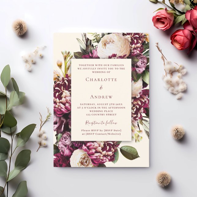 Fall florals burgundy cream purple wedding invitation (Creator Uploaded)