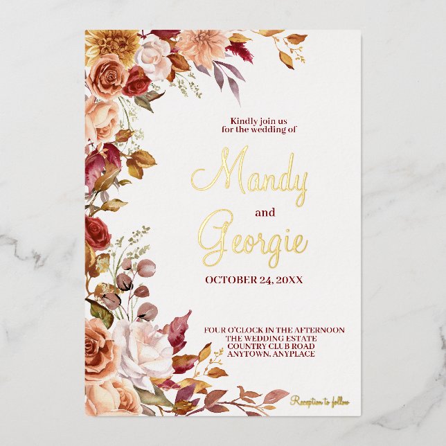 Fall Flower Foil Wedding Invitation (Front)