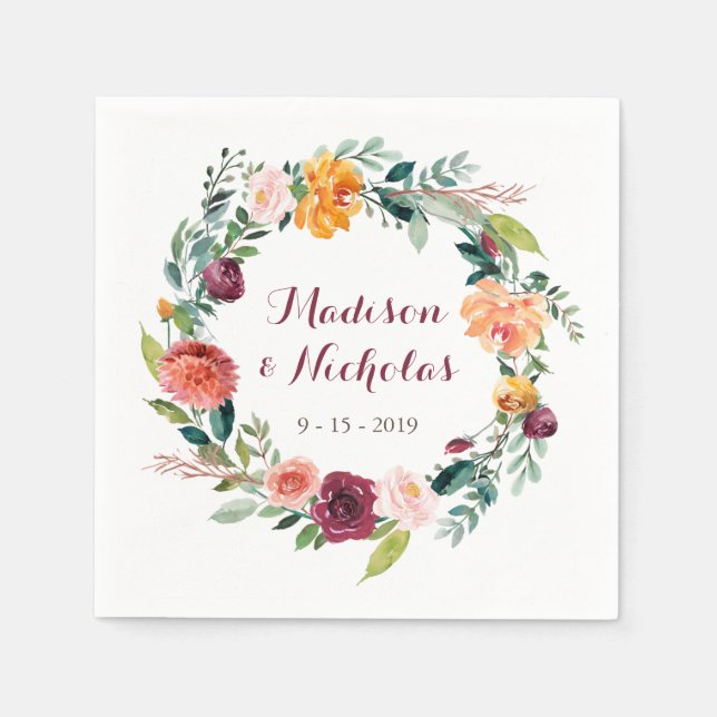 Fall Flower Wedding Napkins, Orange Maroon Pink Napkin (Front)