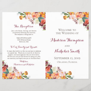 Fall Flower Wedding Program Booklets, Orange Pink