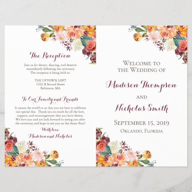 Fall Flower Wedding Program Booklets, Orange Pink (Front)