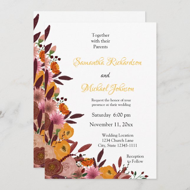 Fall Flower Wedding White Invitation (Front/Back)