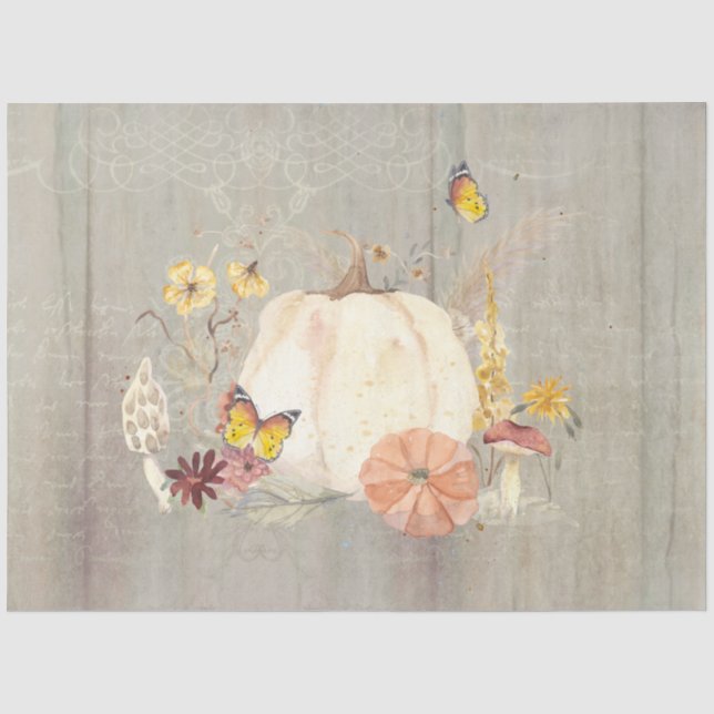 Fall Flower White Pumpkin Mushroom Wood Decoupage  Tissue Paper (Front)