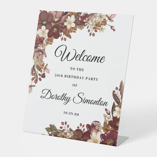 Fall Flowers 50th Birthday Party Welcome Pedestal Sign (Front)