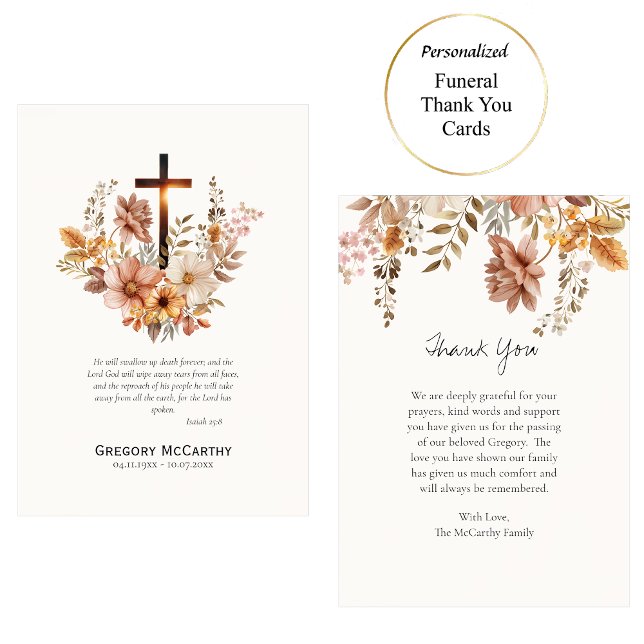 Fall Flowers and Cross Roman Catholic Funeral  Thank You Card (Creator Uploaded)