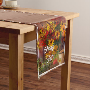 Fall flowers and mug with customizable text short table runner