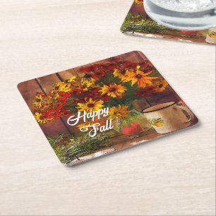 Fall flowers and mug with customizable text  square paper coaster
