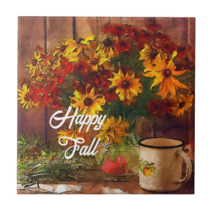 Fall flowers and mug with customizable text tile