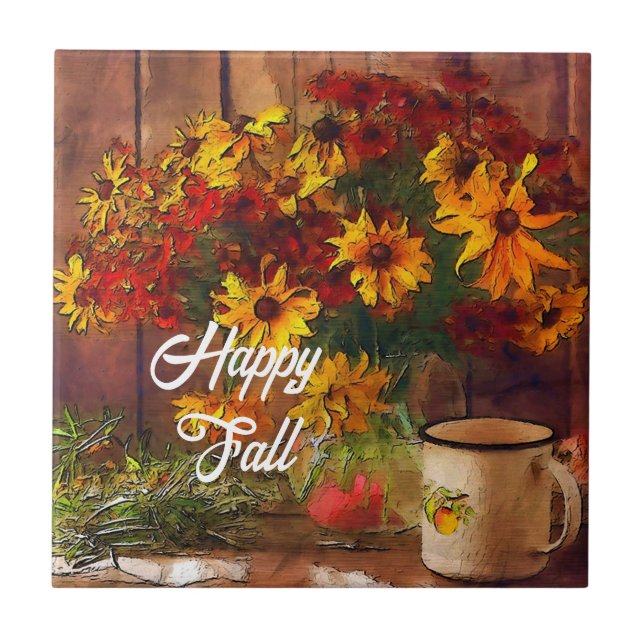 Fall flowers and mug with customizable text tile (Front)
