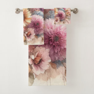 Fall flowers and sunflowers watercolor pastels bath towel set