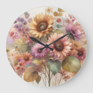 Fall flowers and sunflowers watercolor pastels large clock