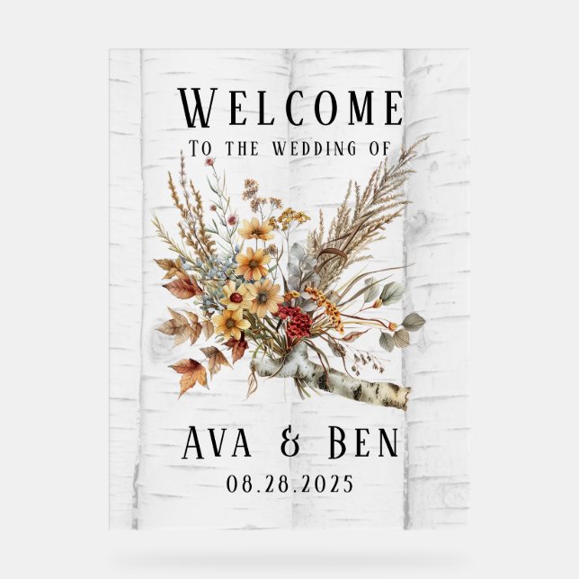 Fall Flowers and White Birch Tree Wedding Welcome Acrylic Sign (Front)