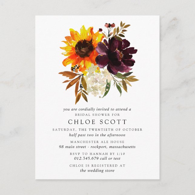 Fall Flowers Bridal Shower Invitation Postcard (Front)