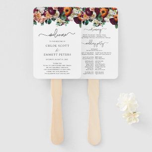 Fall Flowers Burgundy Wedding Ceremony Program Hand Fan