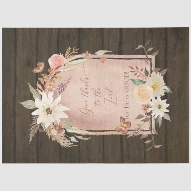 Fall Flowers Give Thanks to Lord Wooden Decoupage Tissue Paper (Front)