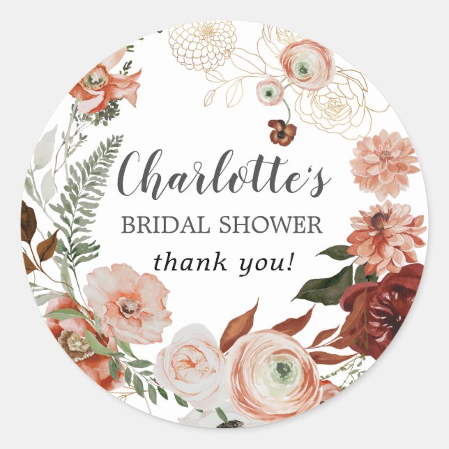 Fall Flowers Greenery Bridal Shower Thank You  Classic Round Sticker (Front)