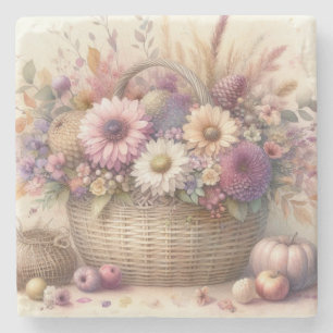 Fall flowers in pastel colours watercolor painting stone coaster