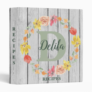Fall Flowers Monogram Custom Recipe  3 Ring Binder