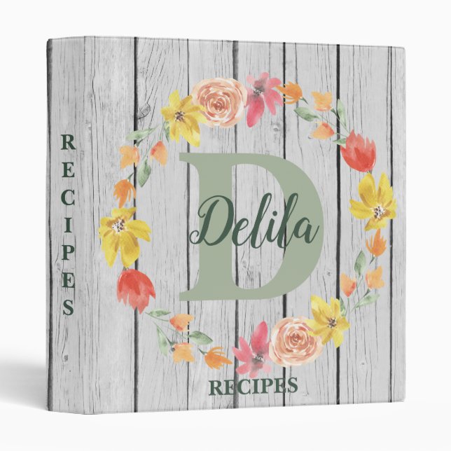 Fall Flowers Monogram Custom Recipe  3 Ring Binder (Front/Spine)