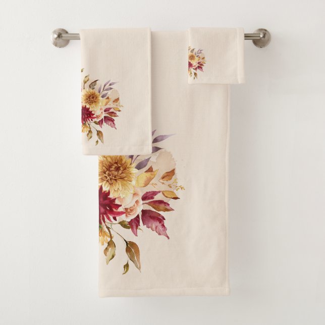 Fall Flowers Orange Rust Yellow Purple Bath Towel Set (Insitu)