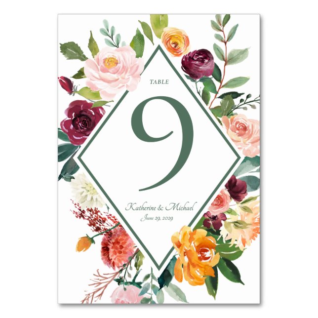 Fall Flowers Rustic Sage Green Table Numbers (Front)