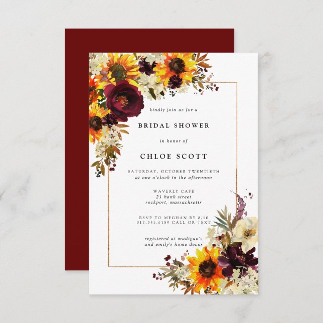 Fall Flowers Sunflower Rose Bridal Shower Invitation (Front/Back)