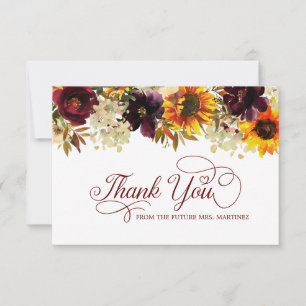 Fall Flowers Sunflower Rose Bridal Shower  Thank You Card