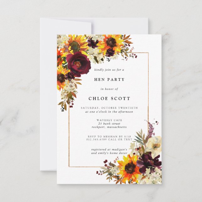 Fall Flowers Sunflower Rose Hen Party Invitation (Front)