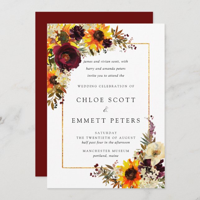 Fall Flowers Sunflower Rose Rustic Wedding Invitation (Front/Back)