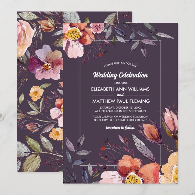 Fall Flowers Watercolor Plum Wedding Invitation (Front/Back)