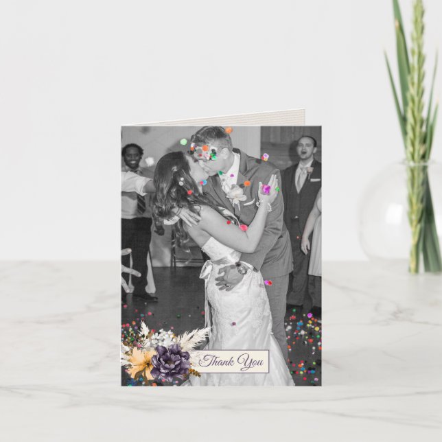 Fall Flowers Wedding Photo Thank You Card (Front)